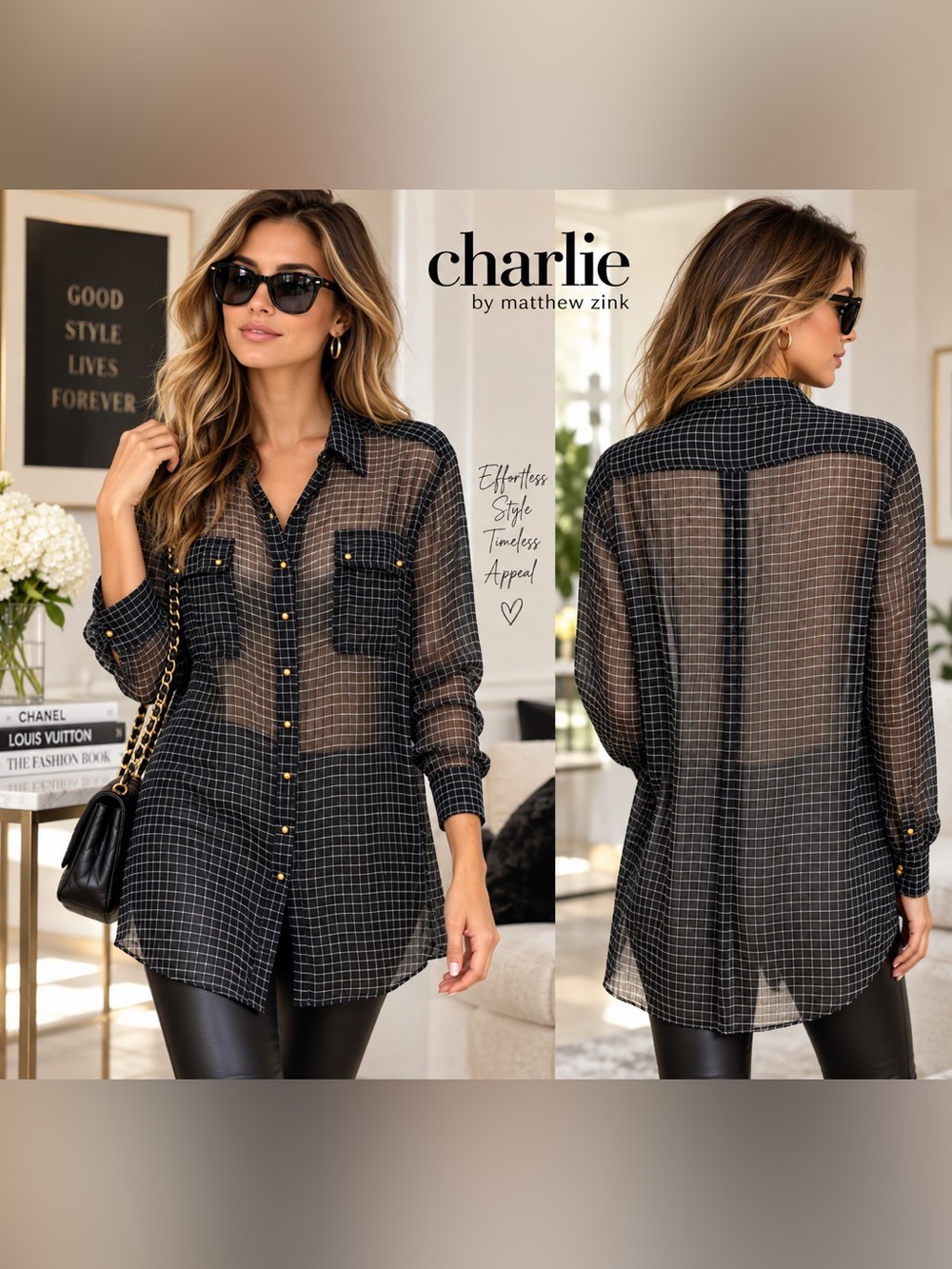 Charlie by Matthew Zink Sheer Silk Grid Tunic Blouse Black Women’s L